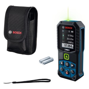 Bosch Laser-Entfernungsmesser GLM100-36CG mit grünem Laser, Display, schwarzer Tasche, Batterien, Handschlaufe.