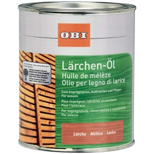 Boîte d'huile de mélèze OBI 750ml pour bois extérieur. Huile pour bois pour l'entretien et la protection du bois de mélèze.