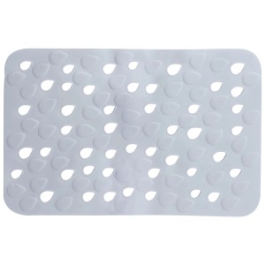 Tappetino da bagno bianco Spirella Drop, 35x53 cm, con sistema antiscivolo e fori a forma di goccia.