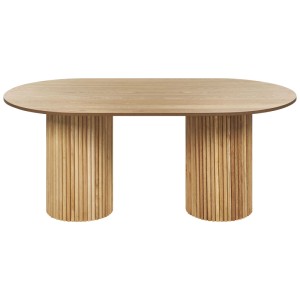 Table de salle à manger marron Beliani Sheridan avec plateau ovale en MDF et deux pieds cylindriques.