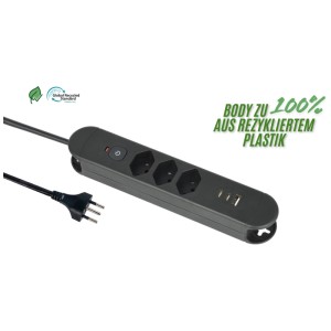 Multiprise noire Schönenberger avec 3 prises T13, ports USB et câble de 1,8 m.