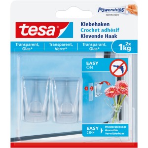 Tesa crochets adhésifs pour verre, transparents, charge max. 1 kg, lot de 2.