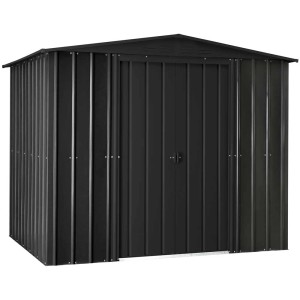 Abri de jardin en métal anthracite 8x6 avec porte coulissante et toit à deux pentes.