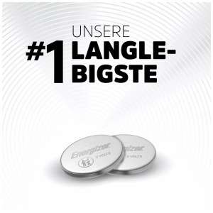 Due pile a bottone Energizer Litio CR 2016, 3V, argento. Con lo slogan 'LA NOSTRA #1 PIÙ DURATURA'.