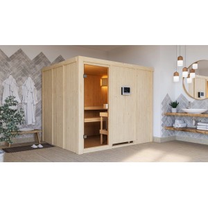 Sauna in legno massello Karibu Nybro con porta in vetro bronzato e stufa da 9 kW in bagno moderno.