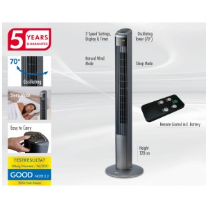 Ventilateur tour Trisa Fresh Breeze argenté avec télécommande, hauteur 120cm.
