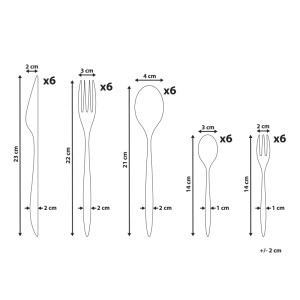 Set de couverts Beliani Farfalle 30 pcs, acier inoxydable. Contours et dimensions des couteaux, fourchettes, cuillères pour 6 personnes.