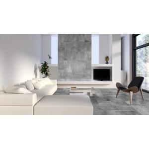 Salon avec carrelage Classen Ceramin Neo Vario Urbana aspect pierre comme carrelage de sol et mural.