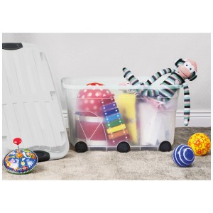 Rotho Aufbewahrungsbox Roller 6, 57L, Mistletoe Green, mit Spielzeug gefüllt. Praktische Rollbox.