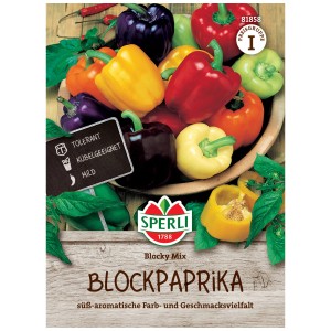 Sperli Graines de poivron Blocky Mix avec des poivrons colorés en jaune, rouge, violet et orange.