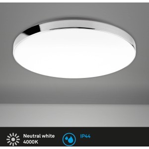 Plafoniera LED bianca Brilo Malbona con bordo cromato, Ø 35,5 cm, ideale per il bagno.