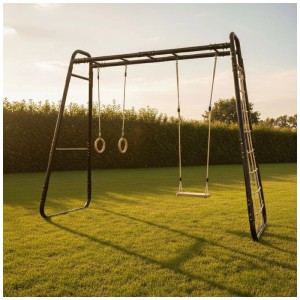 Exit Toys GetSet Monkeybar MB210: Struttura in acciaio con altalena, anelli ginnici e rete da arrampicata per bambini.