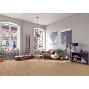 Salon avec sol stratifié Kaindl Masterfloor XPT Acacia Chester Valeria aspect bois.