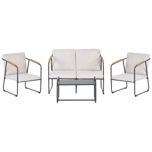Ensemble lounge Beliani Vezzana 4 pièces, acier beige clair avec fauteuils, canapé et table pour le jardin.