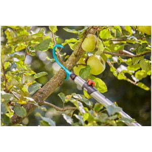 Gancio per rami Gardena Combisystem raccoglifrutta in uso su un albero con mele.
