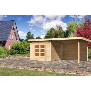 Casetta da giardino in legno non trattato Karibu Kumla 6 con tetto a una falda ed estensione in giardino.