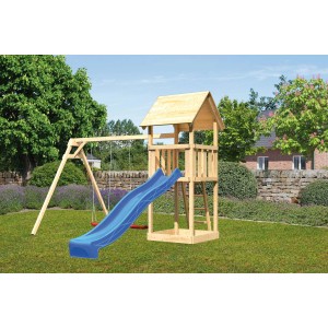 Tour de jeu Karibu Lotti avec toboggan bleu et balançoire double dans le jardin.