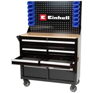 Servante d'atelier Einhell BT-MW 1000 avec tiroirs, portes, panneau perforé et bacs de rangement.