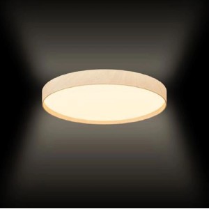Plafonnier LED Philips Stylique rond, brun bois/blanc, allumé. Design moderne, Ø 30 cm.