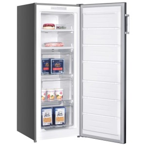 Congelatore Trisa aperto (161 l) in acciaio inox con cassetti e alimenti.