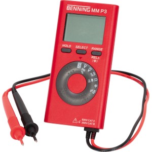 Multimètre de poche rouge Benning MM P3 600 V avec cordons de mesure.