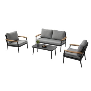 Ensemble lounge 4 pièces Acamp Lyon : canapé, 2 fauteuils et table en aluminium anthracite avec coussins gris.