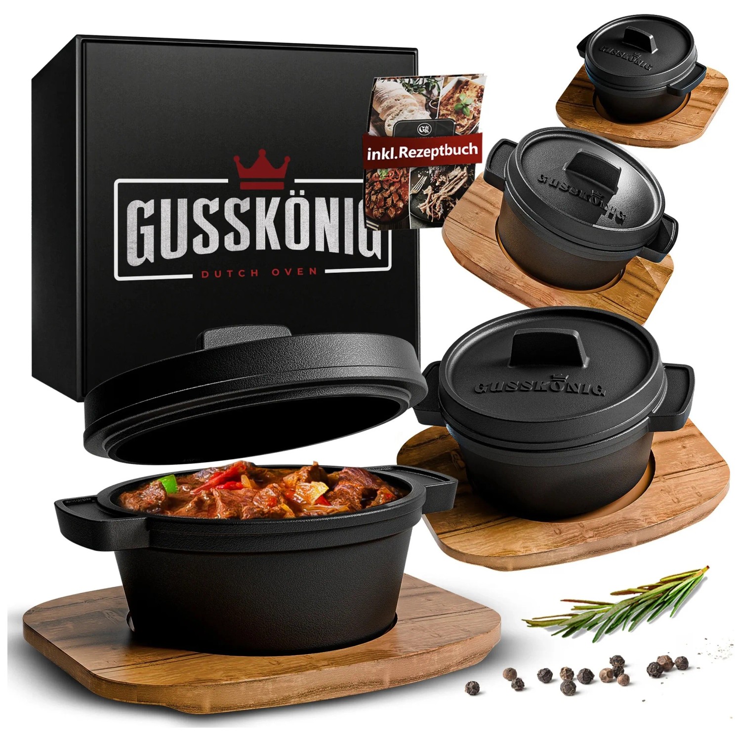 Dutch Oven In Ghisa 2 In 1 GUSSKÖNIG - Pentola 4,8L + Padella 1,8L Pre-stagionata, Con Accessori