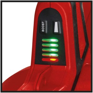 Dettaglio: Soffiatore aspiratore a batteria rosso Einhell Venturro 36/240 con pulsante boost e display LED.