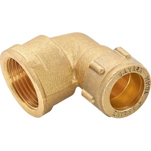 Raccordo a gomito a compressione in ottone, 18 mm x 24,1 mm (Rp 3/4), per collegamenti di tubi in rame nell'impianto idraulico.