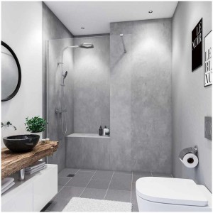 Bagno moderno con pannello posteriore doccia Breuer effetto cemento grigio, 100x210 cm. Rivestimento murale senza fughe.