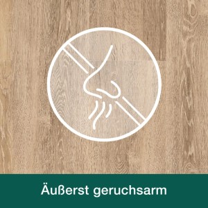 Symbol für geruchsarmen Bona Home Parkettlack Supreme matt auf Holzboden.