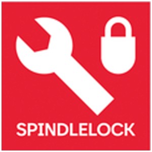 Spindelarretierung für Metabo Akku-Geradschleifer. Schraubenschlüssel und Schloss auf rotem Grund.