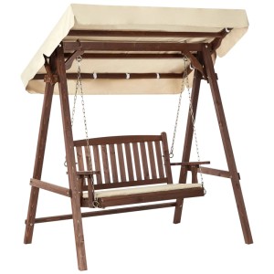 Dondolo Hollywood Caviola in legno di abete scuro con tettuccio beige e cuscino per giardino.