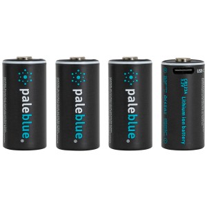 Pale Blue CR123A Batterie, confezione da 4, ricaricabili USB-C, batterie agli ioni di litio.