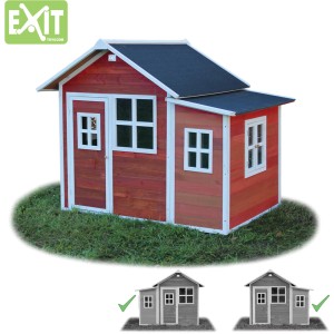 Maisonnette en bois rouge EXIT Loft 150 avec extension et toit noir.