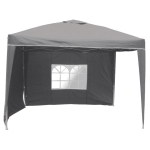 Gazebo pieghevole Pop-Up grigio pietra con finestra e pannelli laterali. Ideale per feste in giardino.