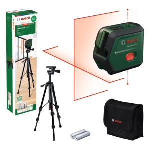 Livella laser a croce Bosch UniversalLevel 2 con treppiede, borsa e batterie.