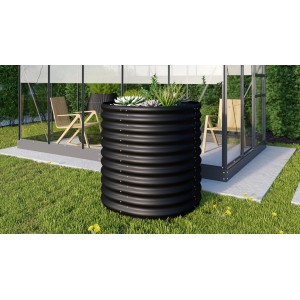 Aiuola rialzata rotonda Vitavia Vita 858 in metallo nero in giardino, piantumata.