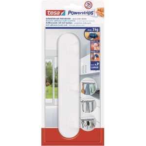 Tesa Barre à crochets adhésive blanche avec 4 Powerstrips Large, supporte jusqu'à 2 kg.