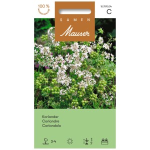 Confezione di semi di coriandolo con pianta fiorita e semi verdi.