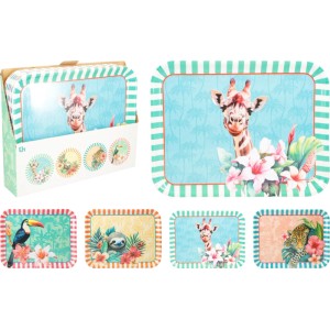 Serviertablett Melamin mit Tiermotiven (Giraffe, Tukan, Faultier, Leopard), 36,5x28,5 cm, für Camping & mehr.
