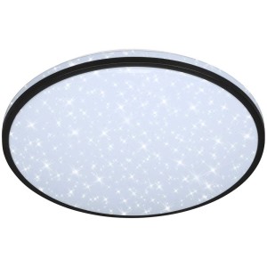 Plafonnier LED Brilo Skizo noir avec effet ciel étoilé, 48W. Forme ronde avec cadre noir.