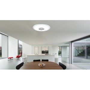 Moderna plafoniera LED Tune con decoro in cristallo e funzione altoparlante nel soggiorno.