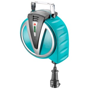 Enrouleur de câble Technocraft avec retour automatique (20 m), turquoise, avec prise.