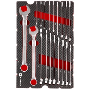Einhell Plateau à outils avec 19 clés mixtes dans E-Case, tailles 6-27 mm, pour montage et entretien.
