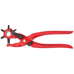 Pinza fustellatrice a revolver Knipex rossa 220 mm con sei punzoni per cuoio, tessuto e plastica.
