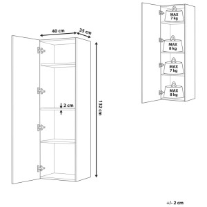Meuble haut de salle de bain noir Beliani Mataro, 132x40x35 cm, avec porte ouverte et trois étagères.