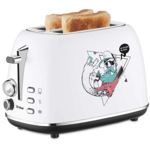 Trisa Toaster Street Art: Tostapane bianco con design graffiti colorato e due fette di pane tostato.