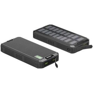 Powerbank solaire Slimline noire 20000 mAh avec ports USB et panneau solaire.