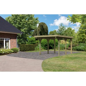 Karibu Einzelcarport Classic aus Holz mit Stahl-Dacheindeckung im Garten.